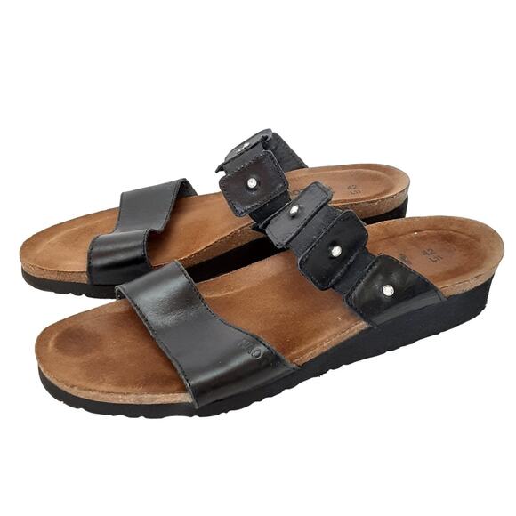Naot Ashley Rhinestone Black Leather Slide Sandals Open Toe Womens 11 Orthotic - Picture 2 of 10
